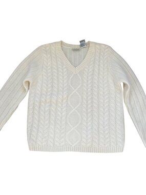White Stag Women's Cable Knit Sweater Sz XL 16-18 Clean Girl Angora Blend V-Neck
